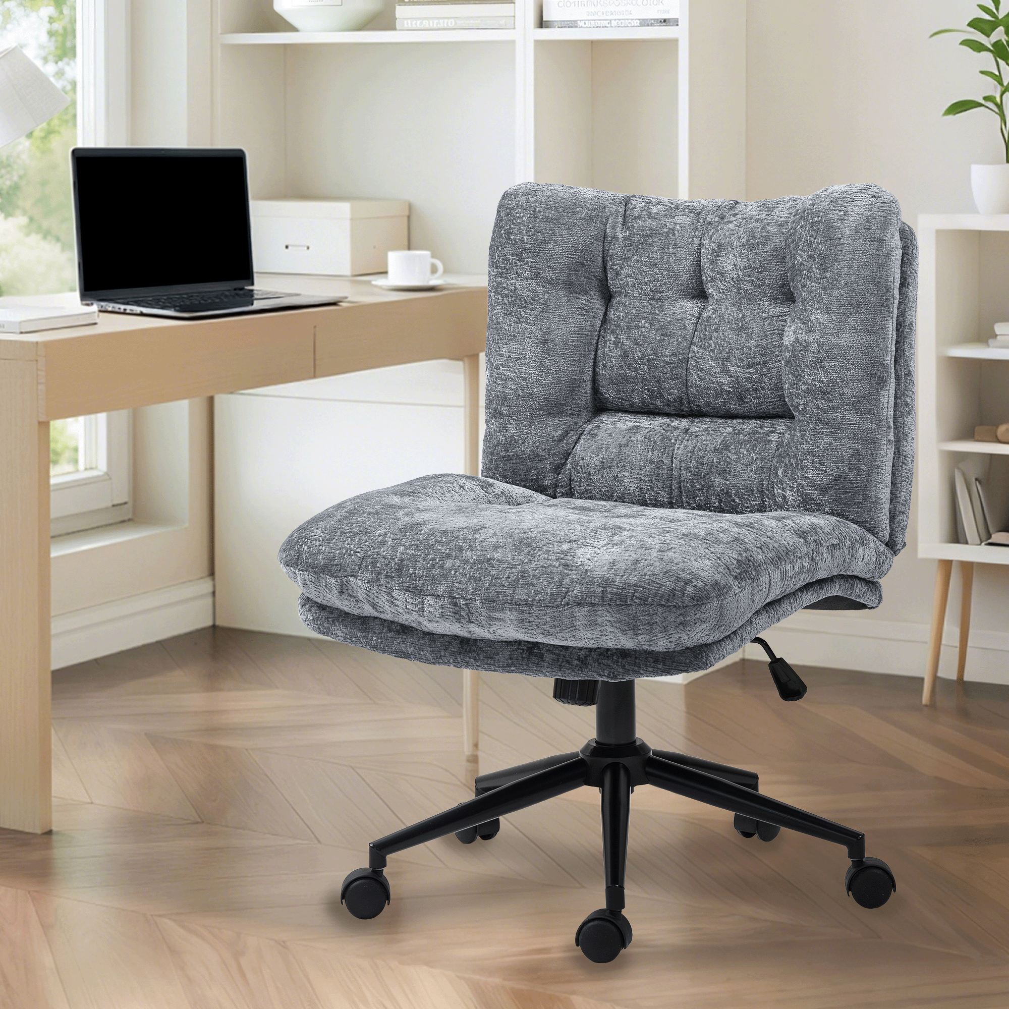 Ultifit H2-04 Armless Criss Cross Office Chair, Premium Fabric Wide Padded Seat Vanity Chair with Dual-Layer Cushion & Smooth-Rolling Wheels