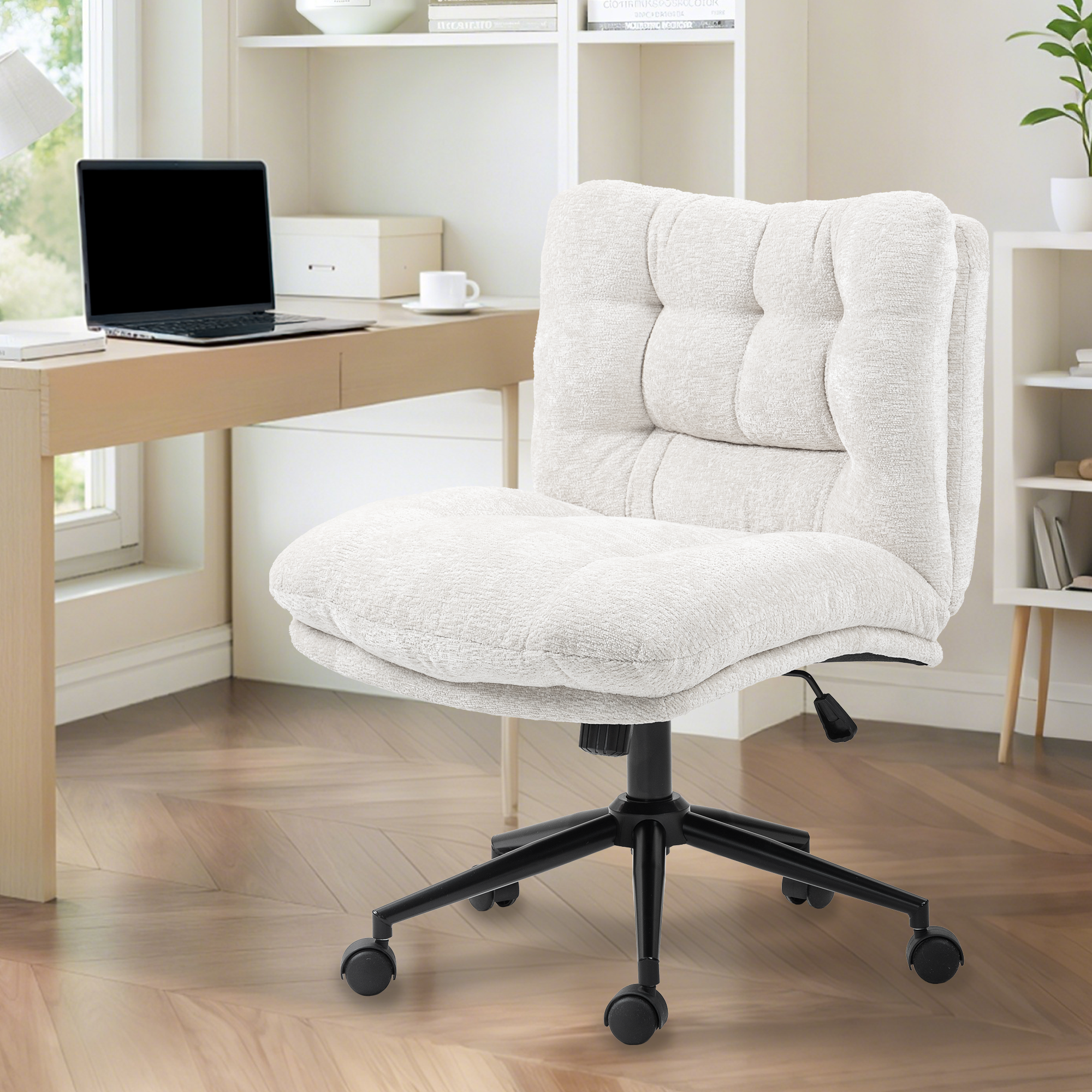Ultifit H2-06 Armless Criss Cross Office Chair, Premium Fabric Wide Padded Seat Vanity Chair with Dual-Layer Cushion & Smooth-Rolling Wheels
