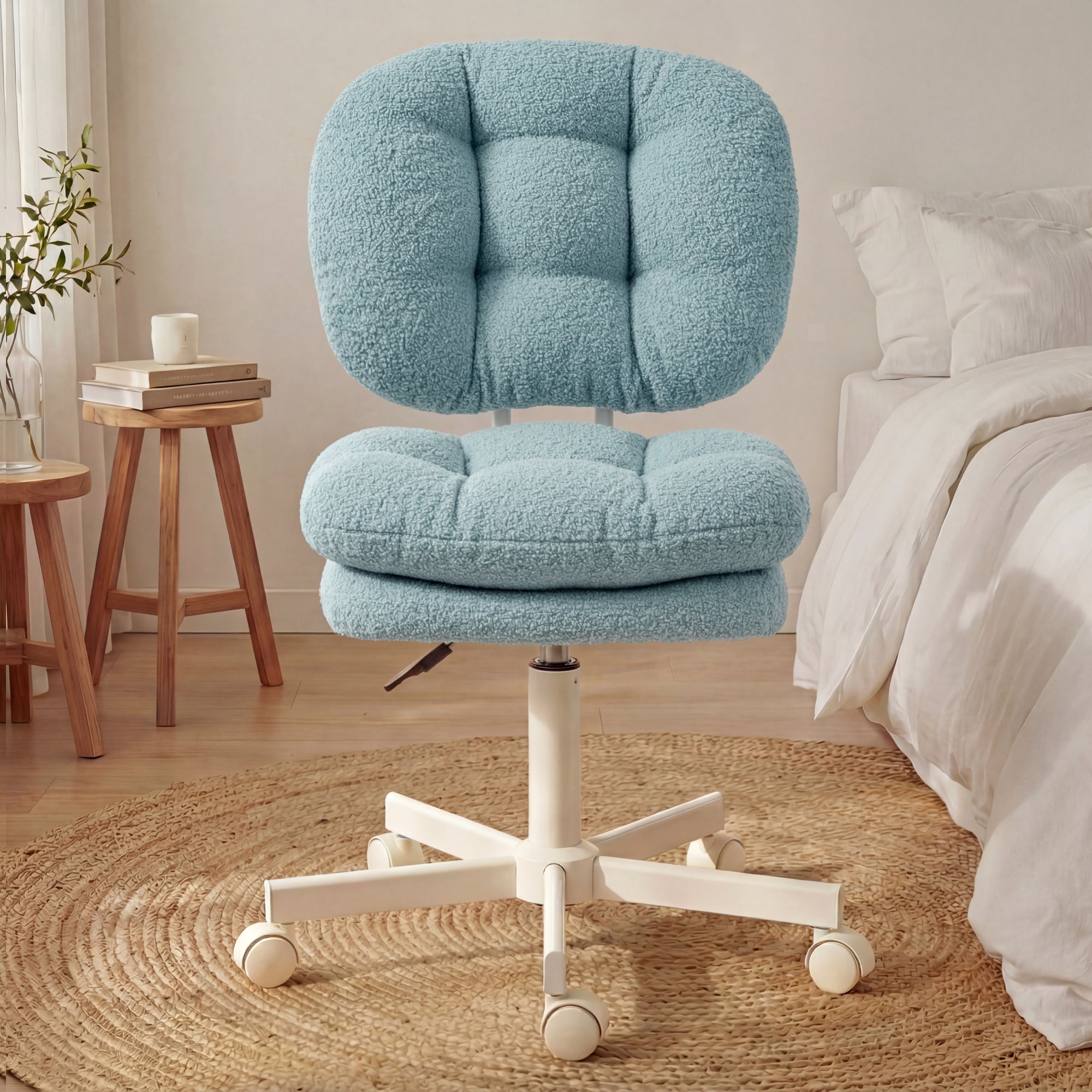 Ultifit H6-06 Adjustable Vanity Chair with Double-layer Thick Cushion, Teddy Velvet Office Desk Chair With Backrest & Wheels, Armless Swivel Computer Chair