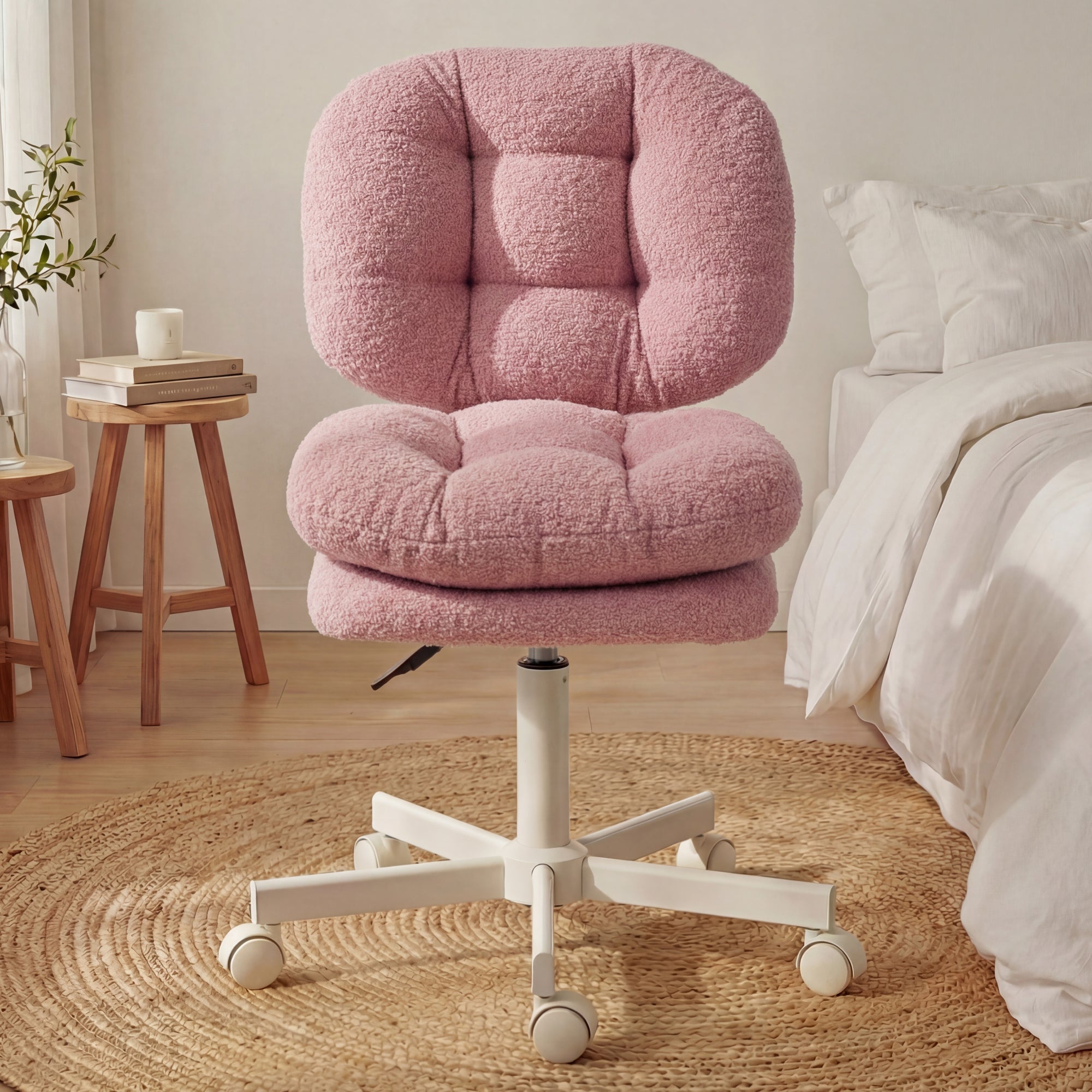 Ultifit H6-05 Adjustable Vanity Chair with Double-layer Thick Cushion, Teddy Velvet Office Desk Chair With Backrest & Wheels, Armless Swivel Computer Chair