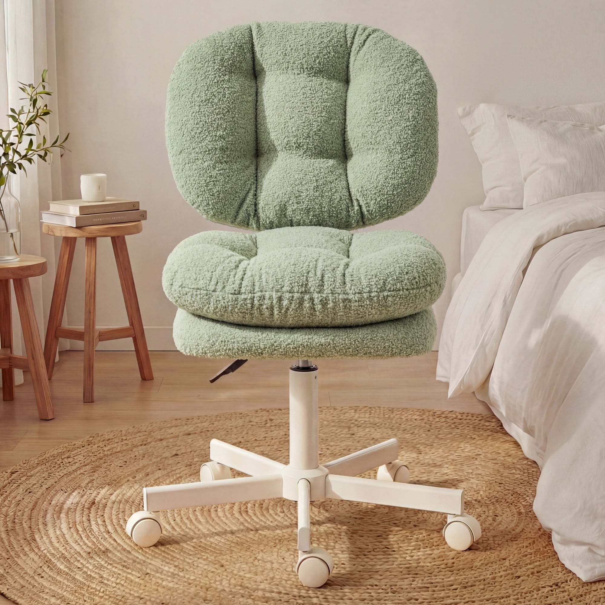 Ultifit H6-07 Adjustable Vanity Chair with Double-layer Thick Cushion, Teddy Velvet Office Desk Chair With Backrest & Wheels, Armless Swivel Computer Chair