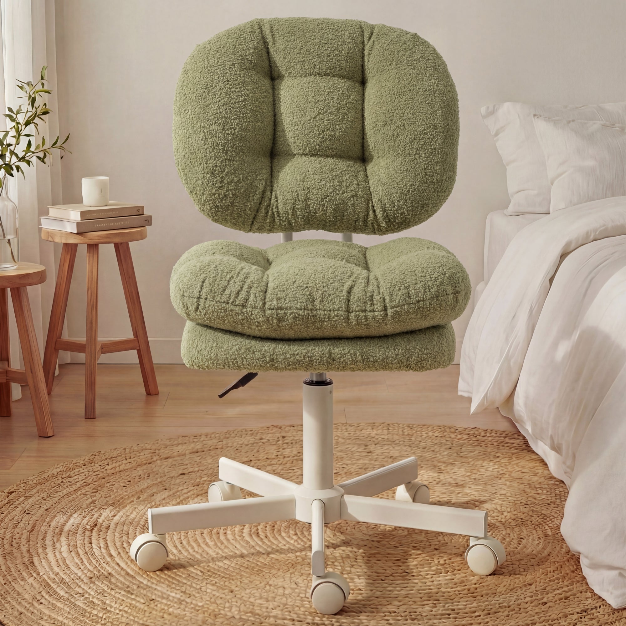 Ultifit H6-08 Adjustable Vanity Chair with Double-layer Thick Cushion, Teddy Velvet Office Desk Chair With Backrest & Wheels, Armless Swivel Computer Chair
