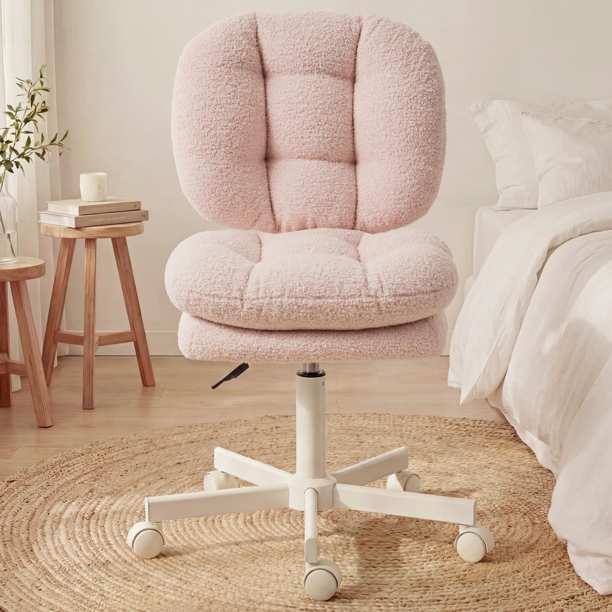 Ultifit H6-04 Adjustable Vanity Chair with Double-layer Thick Cushion, Teddy Velvet Office Desk Chair With Backrest & Wheels, Armless Swivel Computer Chair